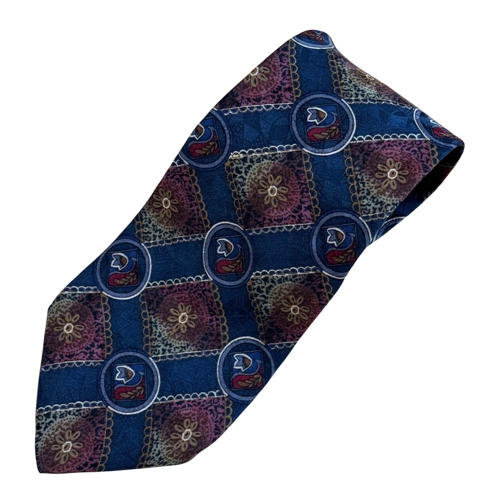 Vintage Monsieur Givenchy Silk Necktie Navy Blue Burgundy Geometric Medallion